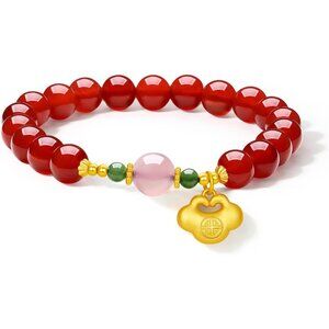 Sterling Silver Red Agate Beaded Ruyi Stretch Bracelets for Women - Handmade Nat